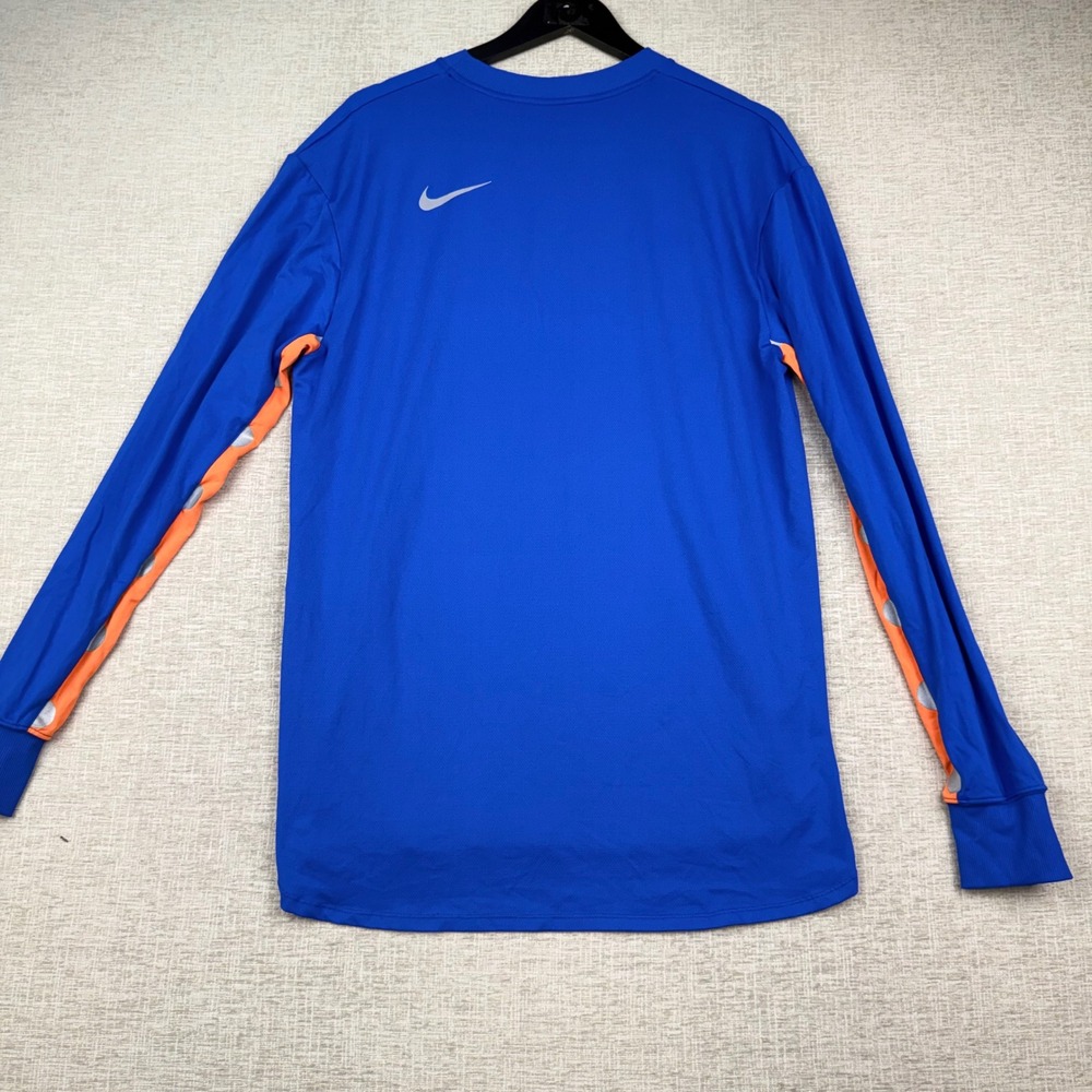 Nike Running Dri-FIT Blue Long Sleeve Shirt Mens Medium Orange Reflective Dots